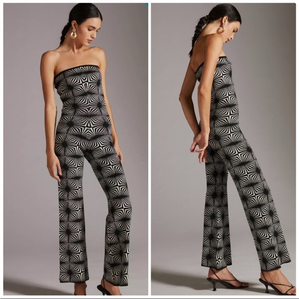 Anthropologie Another Girl Geometric Bandeau Knit Wide Flare Leg Jumpsuit M NWT